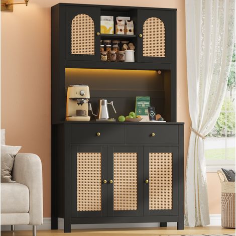 Mobile alto contenitore con LED RGB, prese, 5 ante in rattan, 2 cassetti, nero DESVIAE (1/5)