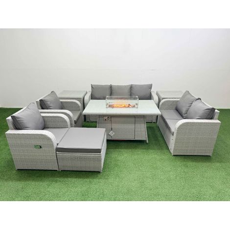 Fimous PE Rattan Garden Furniture Set Reclining Chair Sofa Double Love Seat 2 Seater Sofa Lounge Set Firepit Dining Table Big Footstool 2 Side Table Light Grey (1/4)