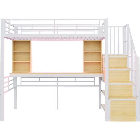Letto a soppalco 90 x 200 cm con scrivania, LED e presa europea, bianco (1/5)