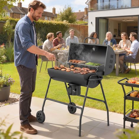Barbecue fumoir à charbon de bois en métal avec couvercle, thermomètre, roulettes et chariot (1/5)