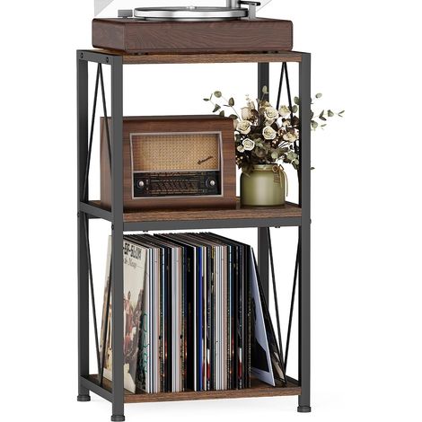 Étagère tourne-disques 3 étages, charge 50 kg, rangement pour 100 vinyles Design rétro marron avec 3 niveaux de rangement, idéal comme meuble vinyle pour salon, chambre, bureau ou coin musique. (1/5)