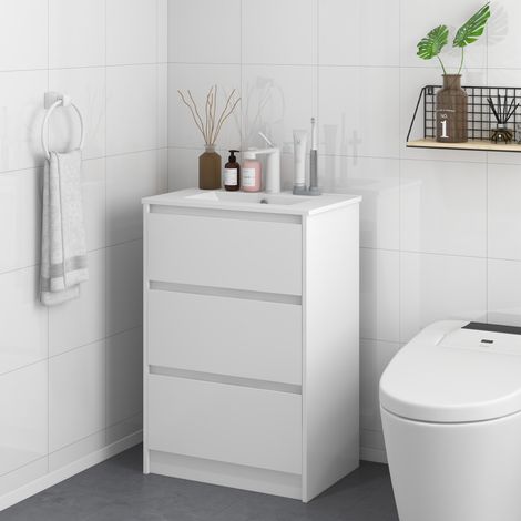 Meuble de Salle de Bain avec Lavabo Armoire de Salle de Bain Lavabo de Salle de Bain en Céramique Synthétique avec 2 Tiroirs 61x37x88cm Blanc Brillant