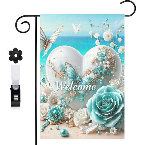 Bannière de cour Welcome blanc et cœur floral 30 x 45 cm décoration maison de campagne (1/5)