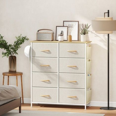 Commode beige 86 x 30 x 94,5 cm avec 8 tiroirs en tissu, 4 poches latérales, 2 crochets, structure acier et plateau bois (1/5)