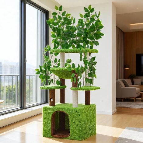 Arbre à chat de 152 cm avec feuilles pour grimper, se cacher et dormir, avec hamac, arbre à chat et grande maison pour chat (1/5)