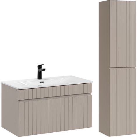 Ensemble meuble simple vasque encastrée 80cm et colonne Zelie Cachemire