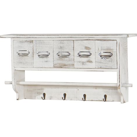 Portemanteau mural, étagère 5 tiroirs, 65x13x32cm, shabby chic, vintage, blanc (1/5)