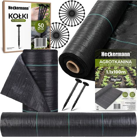 Juego de agrotextil Heckermann 1,1 x 100 m 70 g/m² Negro + 50 clavijas negras