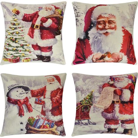 Taie Doreiller - 45x45 cm - Lin Coton Peluche Courte - Motifs Noel Père Noël Élan Arbre Bonhomme De Neige - Décoration Intérieure Salon Chambre Canapé - Lot De 4 (1/5)