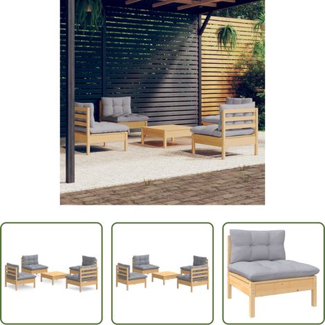 Canapé extérieur - Salon de jardin 5 pcs avec coussins gris bois de pin (1/5)