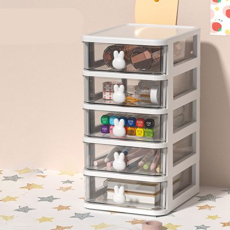 Boîte de rangement bureau transparente 5 tiroirs, plastique résistant grande capacité, poignée lapin, organiseur de bureau pour stylos livres, blanc, 13,4x17x26 cm (1/4)
