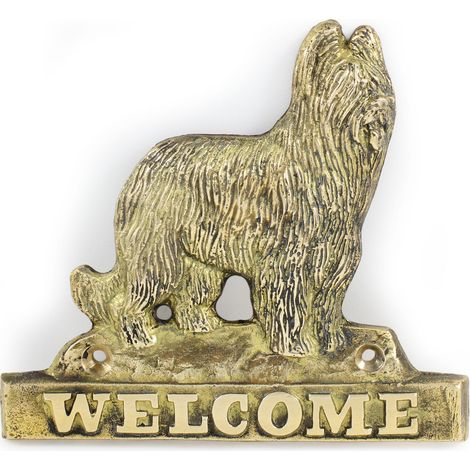 Pastore francese Briard, Berger de Brie - cartello porta con un cane, targa di benvenuto in ottone, cartello unico con la scritta Welcome di Art-Dog (1/4)