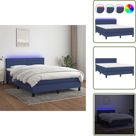 Sommier à lattes de lit avec matelas LED Bleu 140x200 cm Tissu - Sommier Tapissier - Lit Avec Led - Matelas À Ressorts Ensachés - Têted Lit Ajustable - Éclairage LED (1/5)