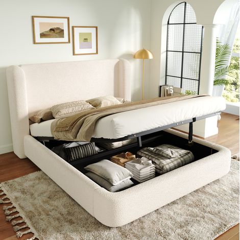 Lit double moderne bouclé beige 180x200 cm avec tête de lit rembourrée, sommier à lattes et coffre de rangement