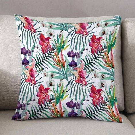 Housse de coussin de canapé 45 x 45 cm, motif floral, aquarelle, plantes tropicales exotiques, couleurs vibrantes, été hawaïen (coussin non inclus), housse de coussin de salon. (1/4)