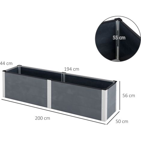 Grand bac de culture gris 200 x 50 x 56 cm, fond ouvert en composite bois-plastique avec cadre aluminium, grand volume pour jardin, terrasse et balcon
