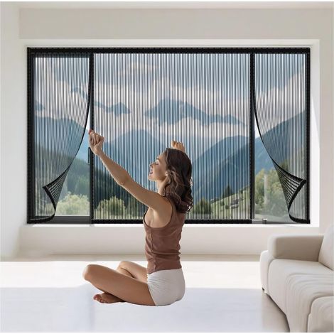 Moustiquaire Fenêtre Auto-Agriffante 130x140cm(51.1x55.1in) - Aimants Automatiques - Installation Sans Perçage - Tissu Fibre de Verre Anti-Insectes Noir