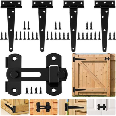4-teiliges Set schwarzer T-Scharniere, 15 cm lange Metalltürscharniere mit Türriegel und 28 Schrauben, klappbare Edelstahlscharniere für Schuppentüren, Gartentore und Fenster (1/5)