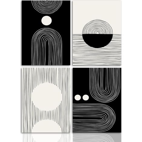 Affiches Décoration Murale Minimalistes Moderne Noirs et Blancs en Toile, Tableau Décoration Murale Géométrique Abstraite du Milieu du Siècle pour Salon Bureau 30x40 cm Sans Cadre, Lot de 4 (1/5)