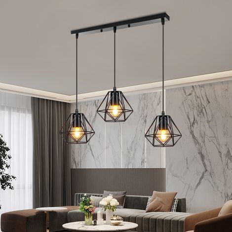 Pendelleuchte, Ø16cm Mini Diamant Hängelampe, Vintage Kronleuchter mit Käfig für Wohnzimmer Schlafzimmer Esszimmer Schwarz - 3 Flammig Rechteckige Basis