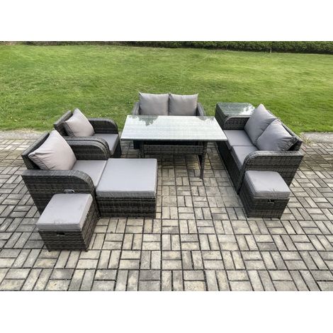 Fimous Outdoor Gartenmöbel-Set 9 Teil Grau Terrassenmöbel Set 9 Sitzer Lounge Sofa Set mit Rechteckiger Tisch Liegestuhln 3 Hockern Beistelltisch (1/5)