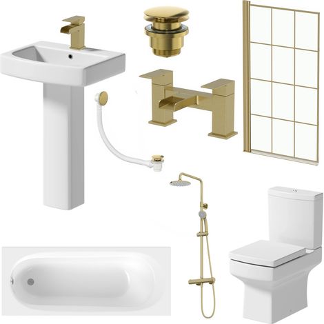 Complete Bathroom Suite 1700mm Single Ended Curved Bath Brushed Brass Grid Screen Shower Close Coupled Toilet Basin Pedestal Waterfall Taps Waste (1/5)