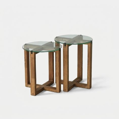 Set 2 runde Tische aus Glas und Holz Amalfi (1/5)