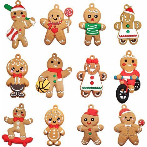 12 décorations de sapin de Noël en forme de bonhomme en pain d'épice, adorables décorations de Noël pour la maison, cadeau gourmand, 5 x 7,5 cm (1/5)