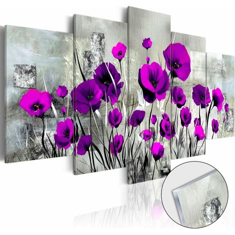 Tableau sur verre prairie : coquelicots violets - 200 x 100 cm (1/4)