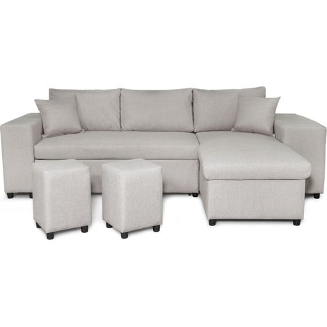 Usinestreet – Canapé d'angle réversible 3 places en tissu beige – Coffre de rangement et accoudoir étagère – 254 x 148 cm – Couchage 140 x 190 cm (1/10)