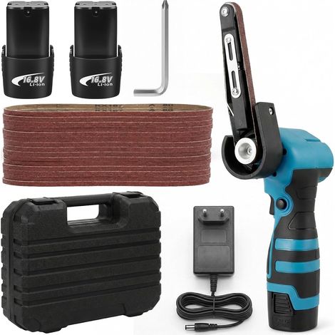 Ponceuse à bande électrique sans fil 7000 tr/min, avec 15 bandes abrasives (grains 80-1000) et 2 batteries au lithium de 16,8 V, pour le travail des métaux, le travail du bois et les surfaces courbes (1/5)