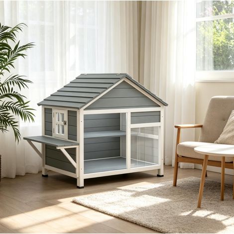 Maison pour chat d'extérieur en bois, 2 niveaux avec plateforme, toit étanche ouvrant, fenêtre transparente en acrylique et entrées avec rideau, pour jardin – CHICFURN (1/5)