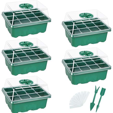 Seedling Tray - 12-Cell Propagator with Adjustable Humidity Dome - Indoor Seed Starting Kit for Vegetables Flowers Herbs - Set of 5 (1/5)