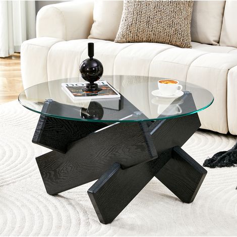 Table basse ronde en MDF noir et verre transparent, diamètre 79 cm (1/5)