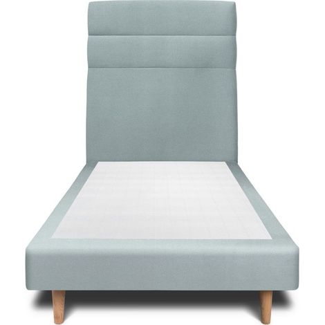 Lit 90x190cm avec tête de lit lignes velours et sommier tapissier gris bleuté - Hauteur totale : 29cm (1/4)