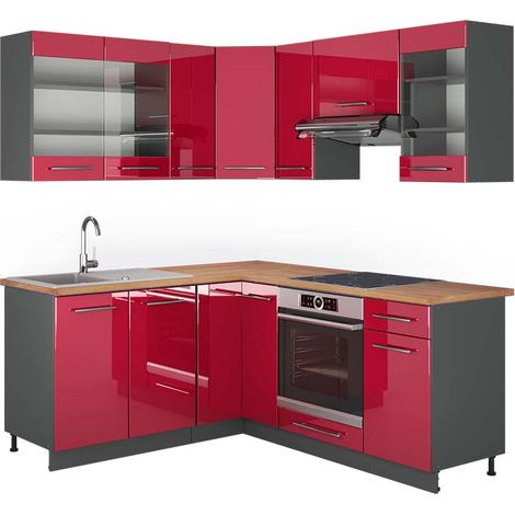 Cuisine en angle Fame-Line, Bordeaux haute brillance/anthracite, 160 x 190 cm , PT Chêne, Vicco