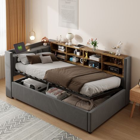Lit Banquette Coffre 90x200 cm avec Rangement Hydraulique, Veilleuse, USB et USB-C, Niches Latérales et Sommier à Lattes, Velours - Gris Clair (1/5)