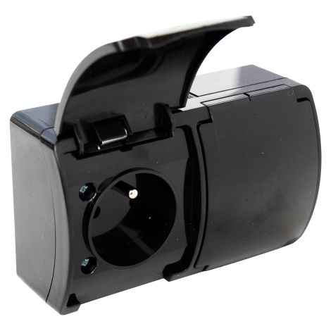 Prise étanche double avec terre (2x2P+T) clapet noir IP44 KOAL (1/4)
