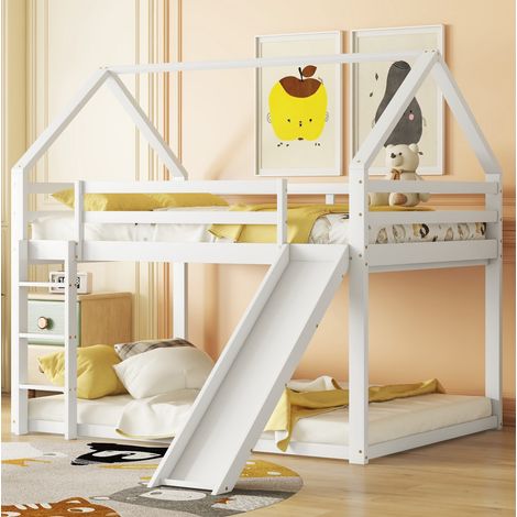 Cama litera casita blanca de madera 140x200 cm con escalera y tobogán, somier de láminas