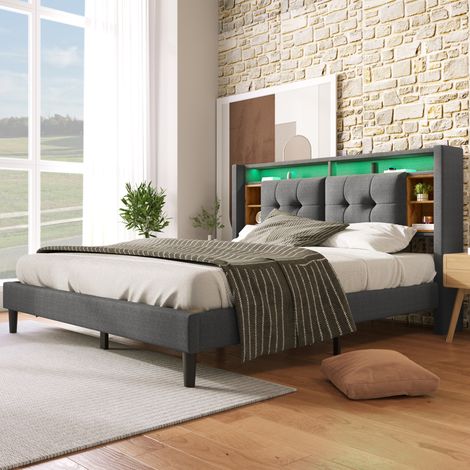 Lit 160x200 avec rangement tête de lit USB LED gris HAVRYA (1/5)