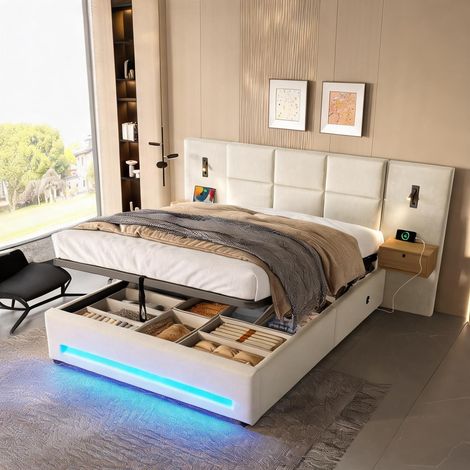 Cadre de lit beige en velours 270 x 210 x 105 cm (1/5)