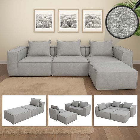 NEUWERTIG] L-Sofa HHG-399, Lounge-Couch mit Ottomane, erweiterbar modular rechts/links, Stoff/Textil 63x270x190cm hellgrau