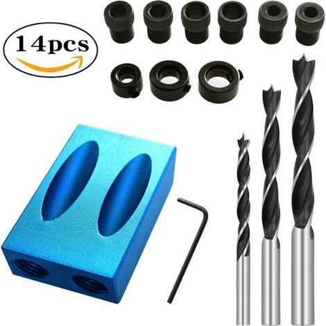 14pcs Gabarit de Trou de poche, 15° Gabarit Percage Oblique, Oblique Positionneur Outil Localisation,avec Adaptateur 6/8/10mm, pour Guide Perçage pour Angle Travail du Bois (1/4)