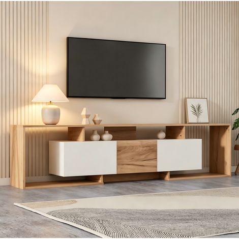 Mueble para TV de 180x30x49 cm con 2 puertas abatibles, 1 puerta batiente y 3 estantes, color blanco y madera natural. (1/5)