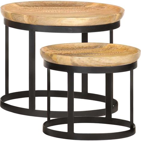 Lot de 2 Tables d'appoint et bout de canapé - Tables Café rondes Bois de manguier solide et acier BV882141 - BonneVie (1/5)