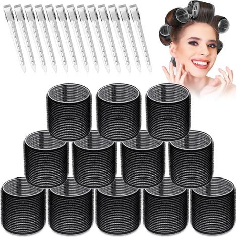 Grand ensemble de bigoudis, 24 pièces, 12 bigoudis extra larges et 12 pinces à cheveux, pour cheveux longs et épais, pour créer un style volumineux (noir) (1/5)