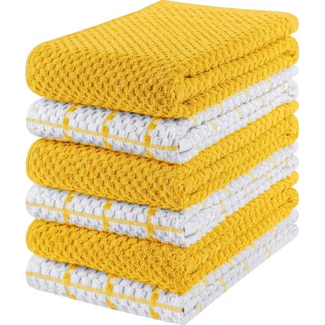 Torchons de cuisine, 38 x 64 cm, 100 % coton filé à l'anneau, torchons à vaisselle, torchons de bar et serviettes ultra doux et absorbants (lot de 6) (jaune et blanc) (1/5)