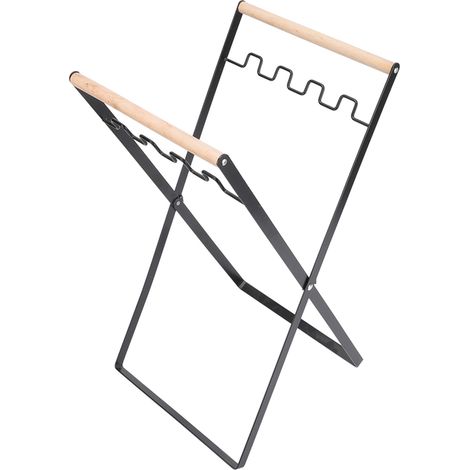 Support de sac poubelle pliable et portable, avec poignée en bois et caoutchouc, en fer et à l'aspect plat. Convient pour une utilisation intérieure et extérieure. Couleur : noir. (1/5)