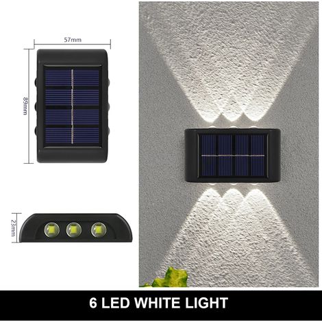 (6 LED - 1 pièce blanche) Applique murale solaire LED extérieure étanche, à jonction libre, éclairage vers le haut et vers le bas, compatible avec jardin, cour et parc. Éclairage lumineux vers le haut (1/5)
