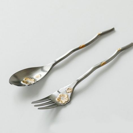 Juego de cubiertos de acero inoxidable de 2 piezas: cuchara de café y tenedor de postre, cuchara para remover y tenedor para aperitivos (1/4)